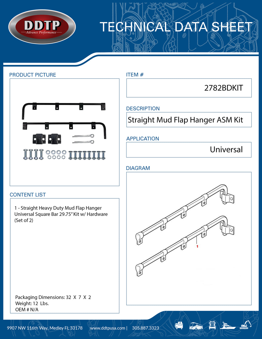 Straight Heavy Duty Mud Flap Hanger Universal Square Bar 29.75" Kit w/ Hardware (Set of 2)