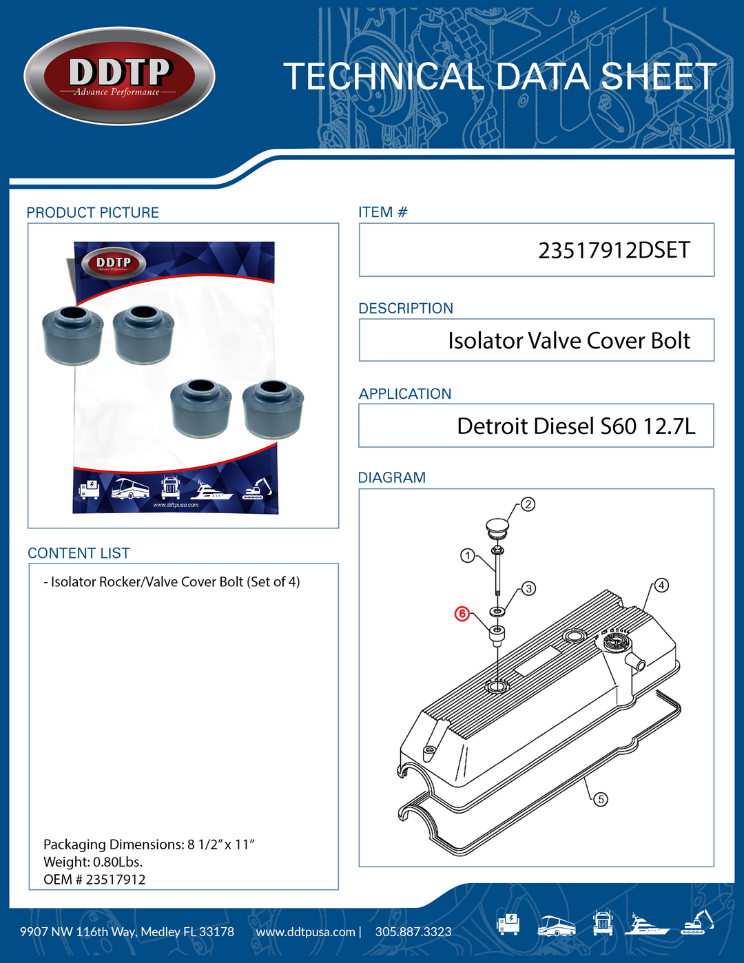 Isolator Rocker/Valve Cover Bolt Detroit Diesel S60 12.7L Set of 4 (23517912)