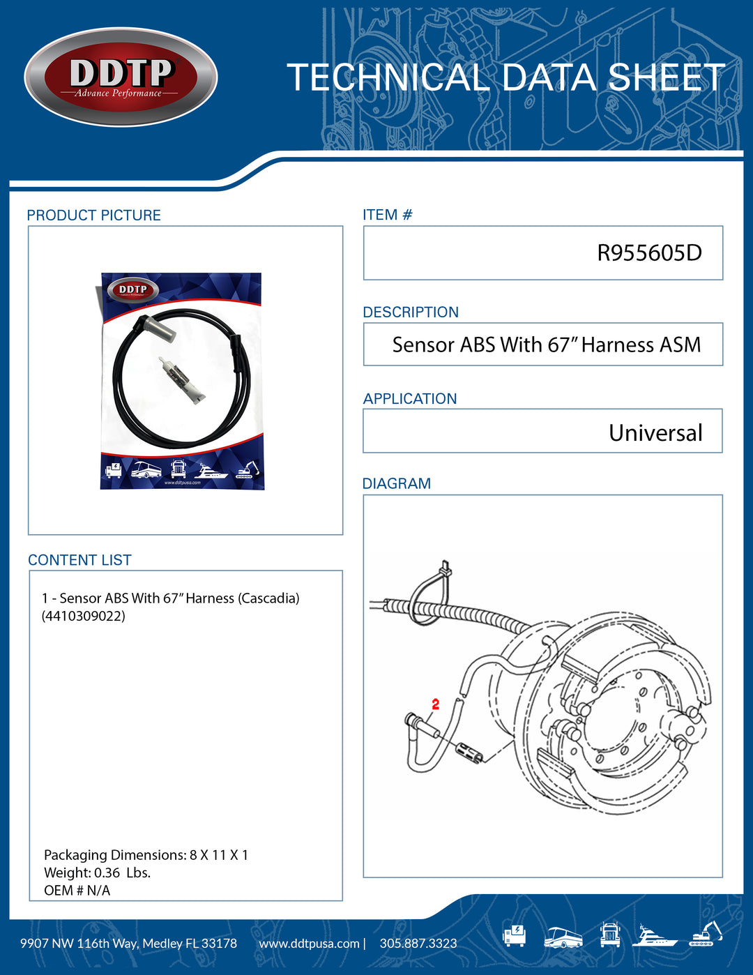 Sensor ABS With 67" Harness Cascadia 4410309022 ( R955605D )