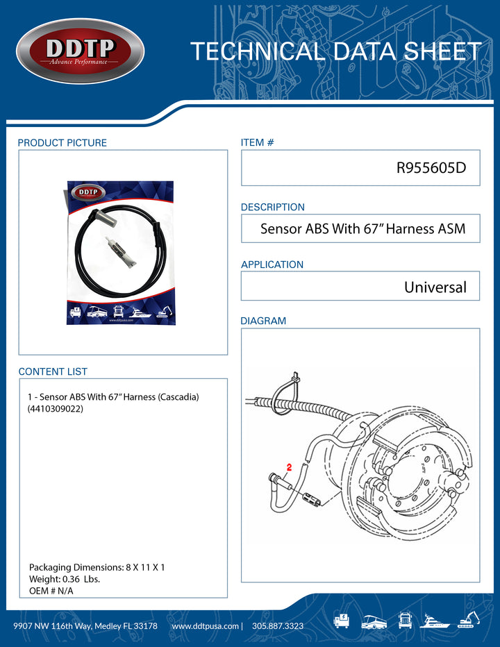 Sensor ABS With 67" Harness Cascadia 4410309022 ( R955605D )