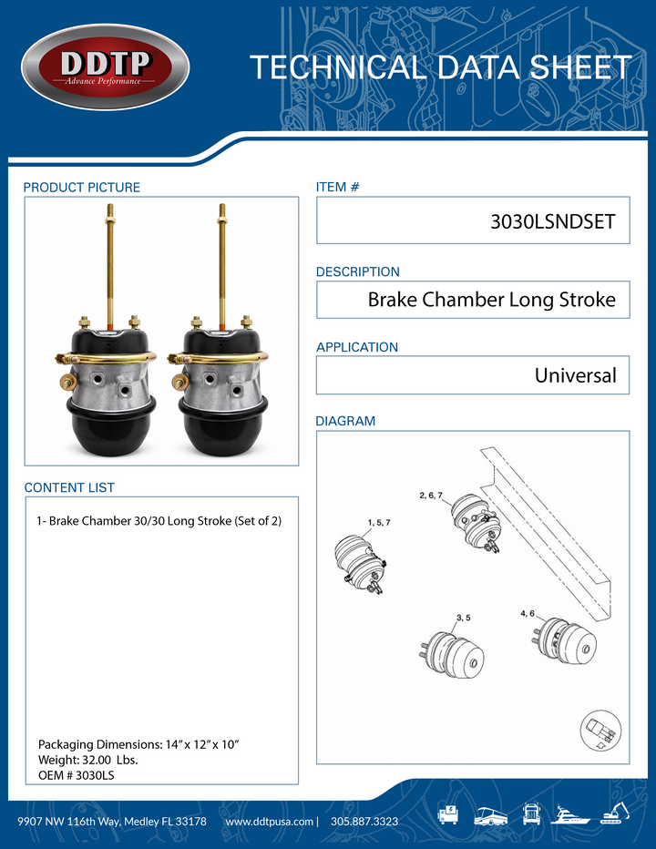 Air Brake Spring Brake Chamber Set of 2 | Heavy Duty Long Stroke Type 30/30 | 3.0" Stroke