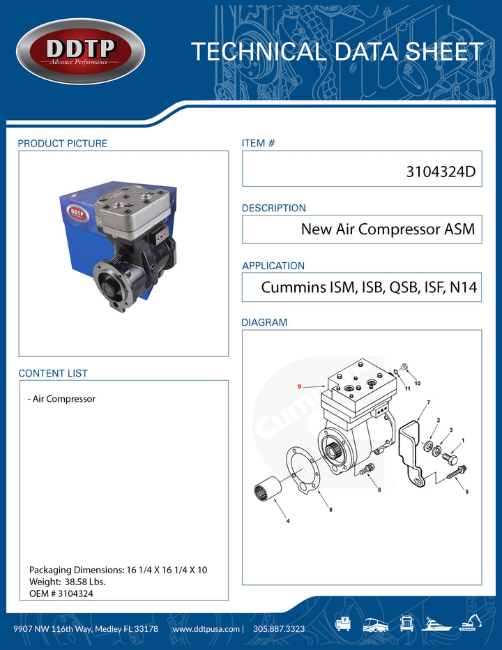 New Air Compressor, Cummins N14, ISM, ISB, QSB, ISF