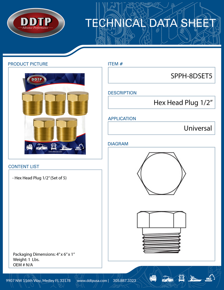 Brass Hex Head Plug 1/2"OD (Set of 5)