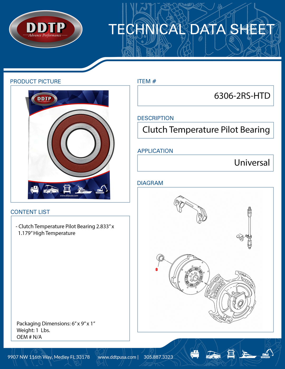 Clutch Temperature Pilot Bearing 2.833" x 1.179" High Temperature