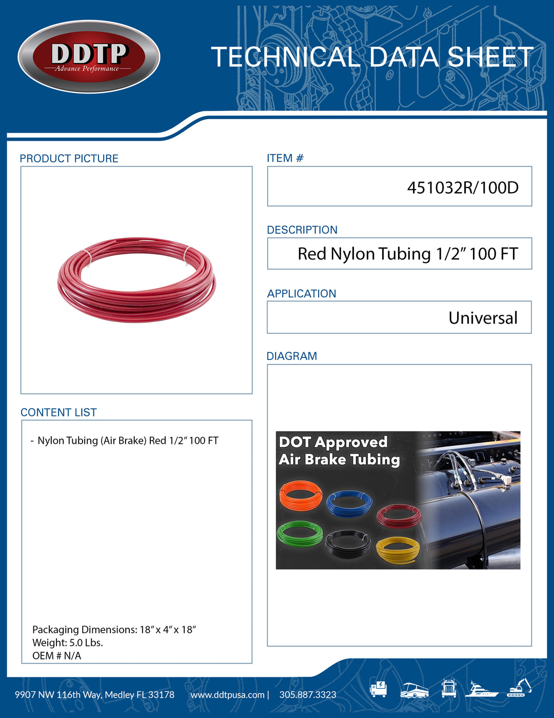 Red Nylon Tubing (Air Brake) 1/2" 100 FT