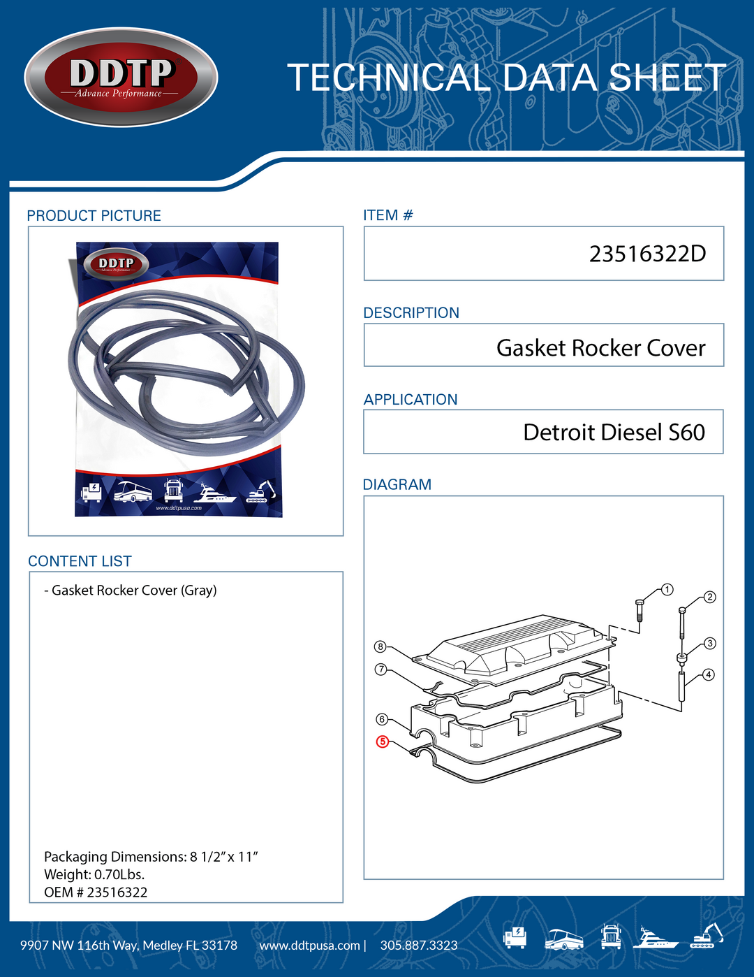 Junta de balancín gris para motor Detroit Diesel serie 60 de 12,7 l sin EGR (23516322)