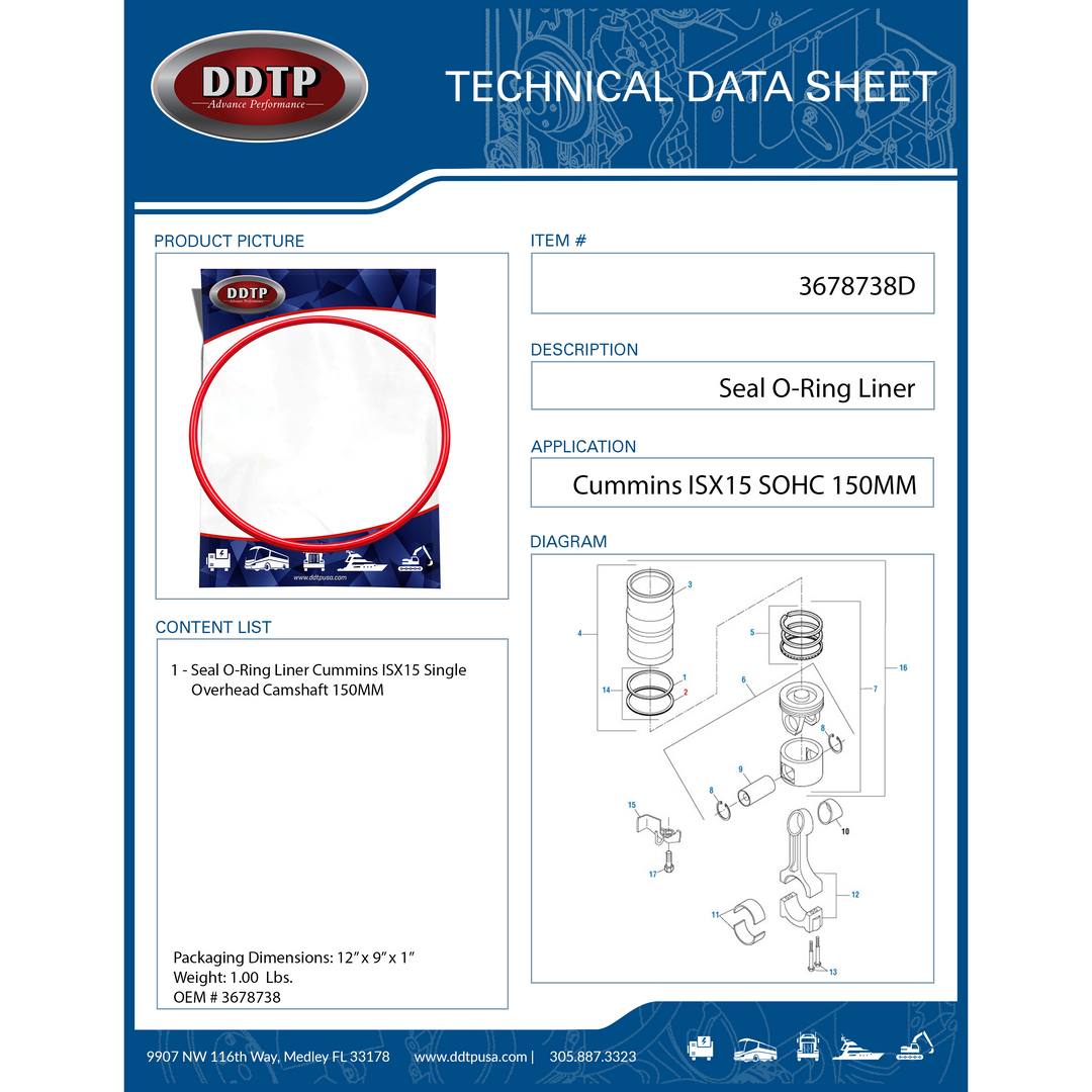 Seal O-Ring Liner Cummins ISX15 Single Overhead Camshaft 150MM