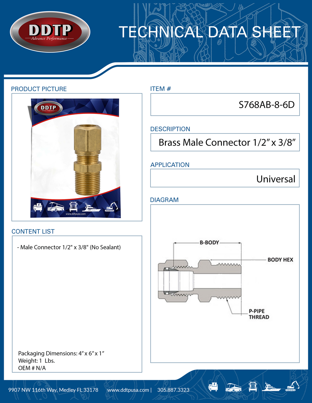 Conector macho de latón de 1/2" x 3/8" (sin sellador)
