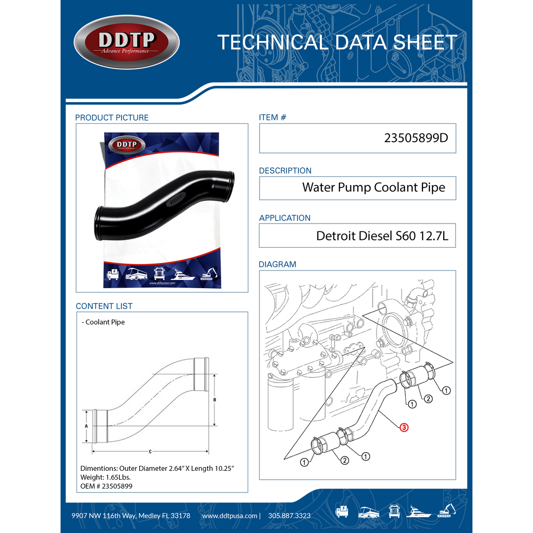 Water Pump Coolant Tube Detroit Diesel S60 12.7L