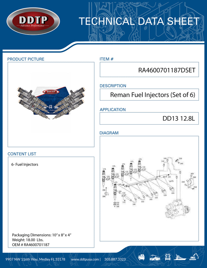 Set of 6 Fuel Injector for Detroit Diesel DD13 12.8L (2010-2015) (RA4600701187)