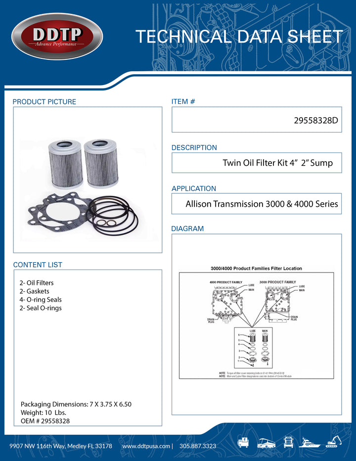 Twin Oil Filter Kit 4" for Allison Transmission 3000 and 4000 Series 2" Sump With Seals and Gaskets.