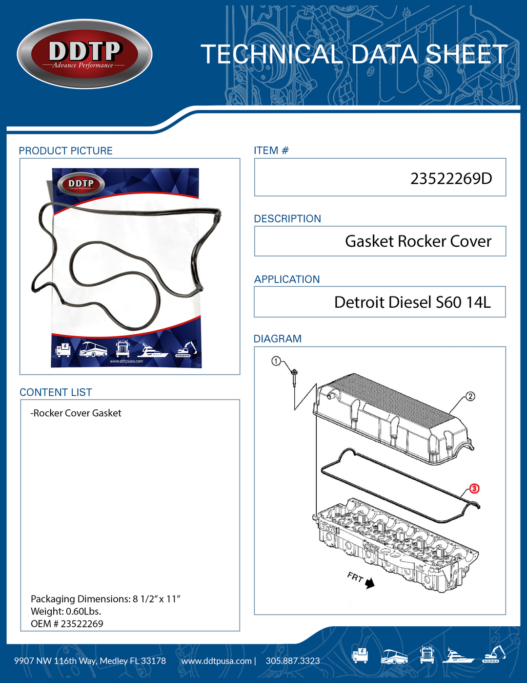 Junta de tapa de balancín negra para motores Detroit Diesel serie 60 de 12,7 l y 14 l (23522269)