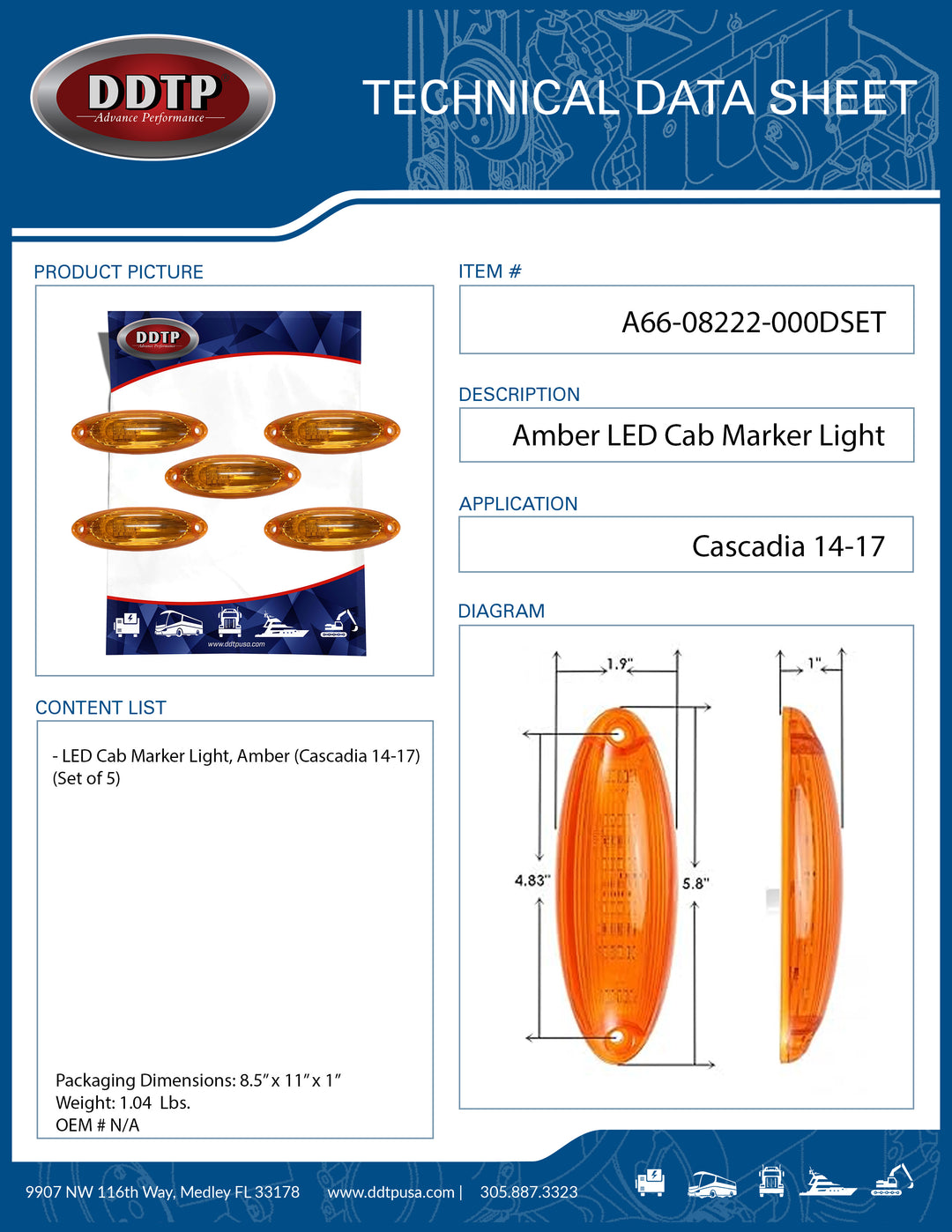 Luz LED ámbar para cabina (Cascadia 14-17) (juego de 5)