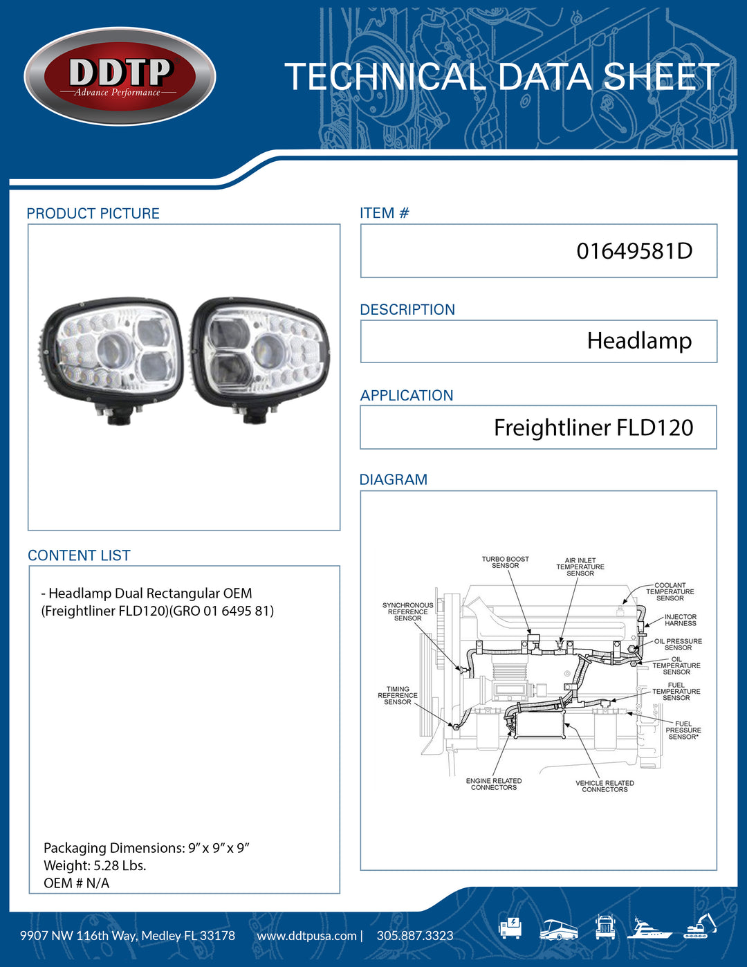 Headlamp Dual Rectangular OEM  (Freightliner FLD120)(GRO 01 6495 81)