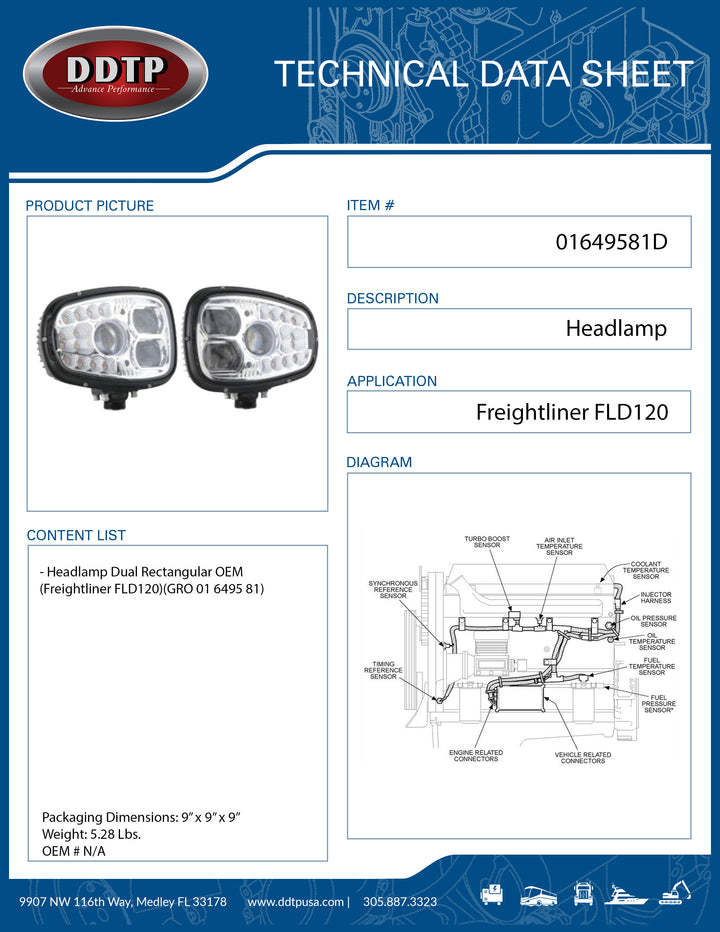 Headlamp Dual Rectangular OEM  (Freightliner FLD120)(GRO 01 6495 81)