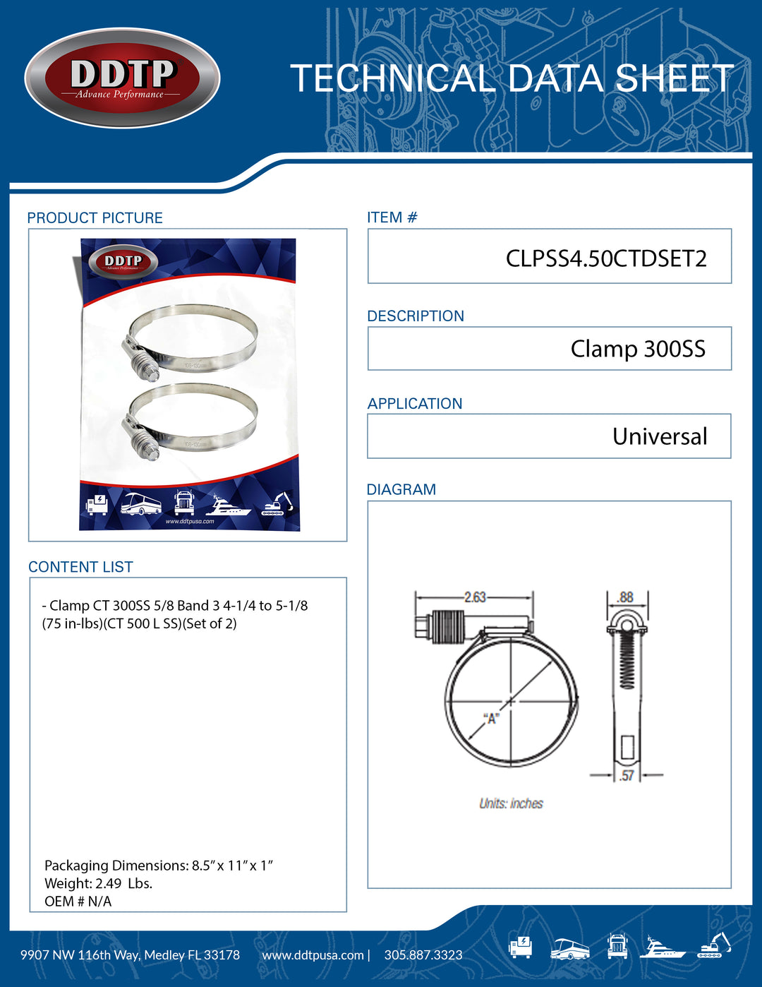 Clamp CT 300SS 5/8 Band 3 4-1/4 to 5-1/8 (75 in-lbs)(CT 500 L SS)(Set of 2)