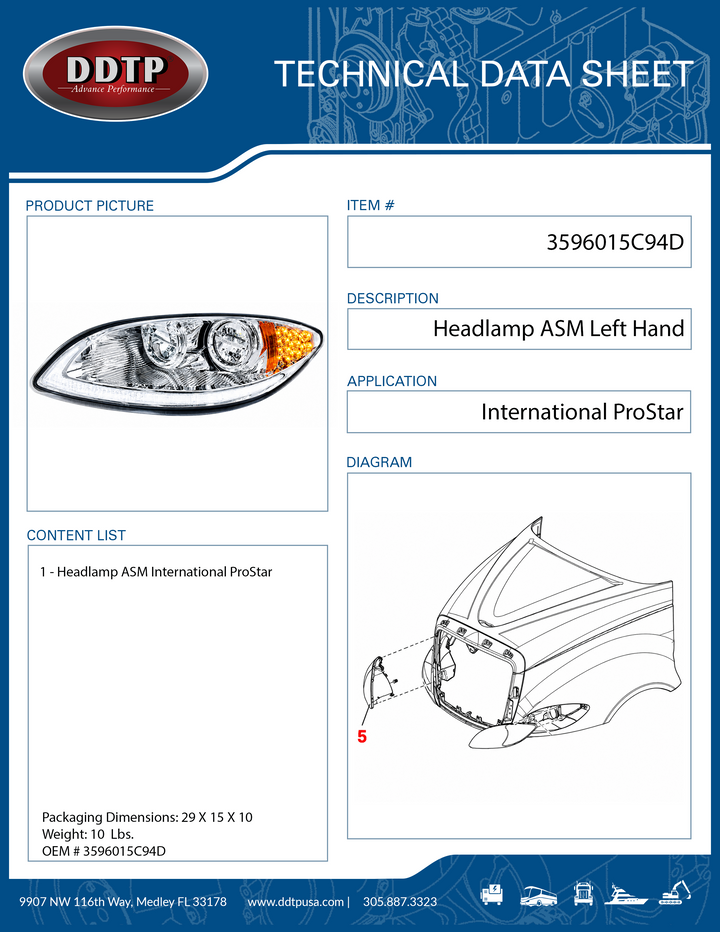 LH Chrome LED Headlight With LED Light Bar & Turn Signal For 2006-2017 International ProStar 3596016C94