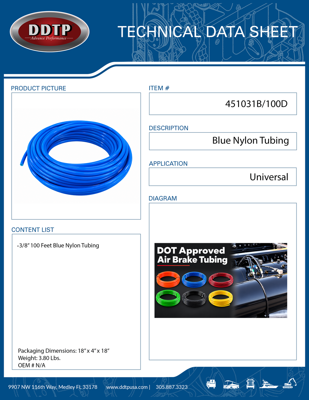 Blue Nylon Tubing Air Brake 3/8" 100 FT