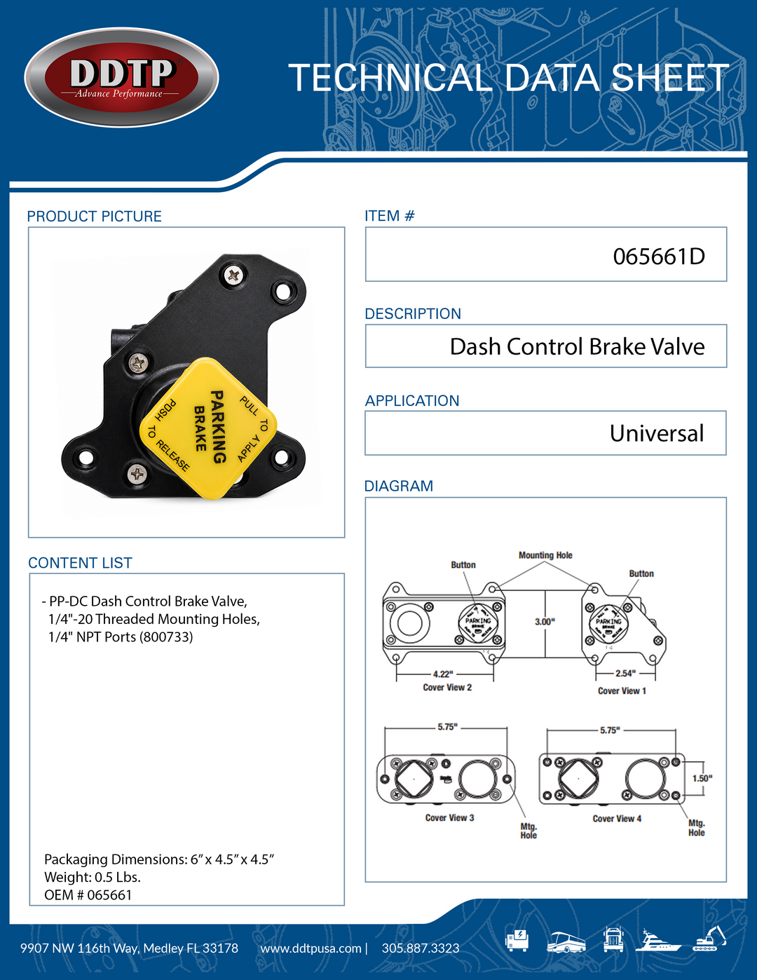 PP-DC Dash Control Brake Valve, 1/4"-20 Threaded Mounting Holes, 1/4" NPT Ports