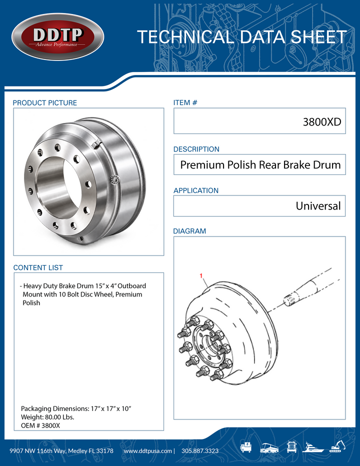 Heavy Duty Brake Drum 15.00" x 4.00" | Outboard Mount | 10-Bolt Disc Wheel | Cast Iron