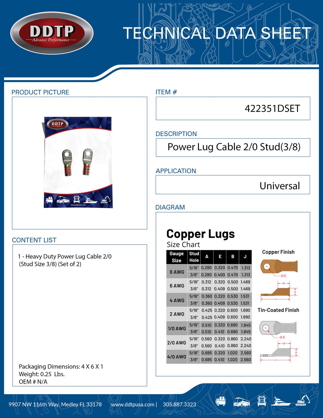 Heavy Duty Power Lug Cable 2/0 Stud Size 3/8 Set of 2 ( 422351DSET )