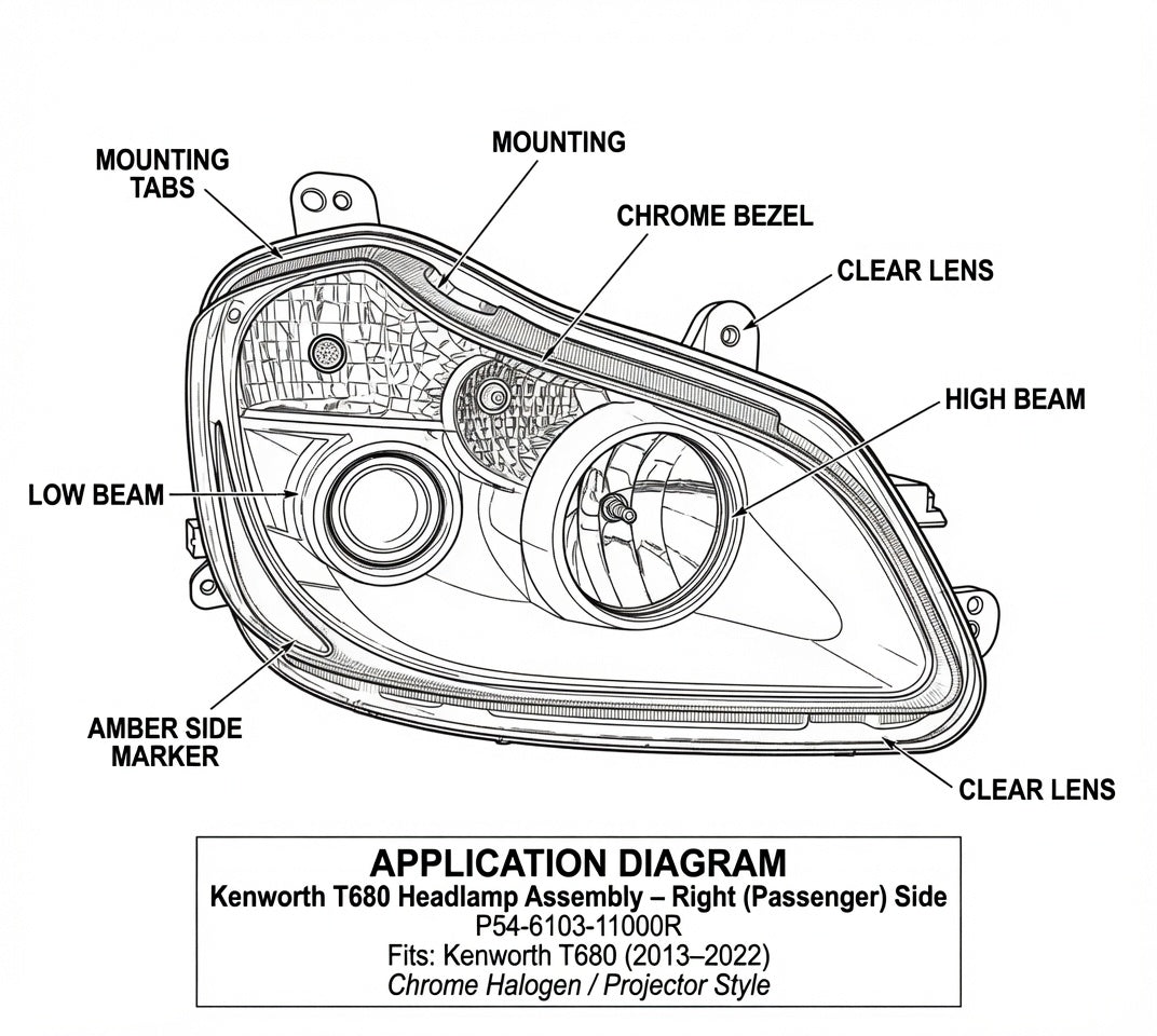 Kenworth T680 Passenger Side Headlight Assembly | Halogen Projector Headlamp (P54-6103-11000)