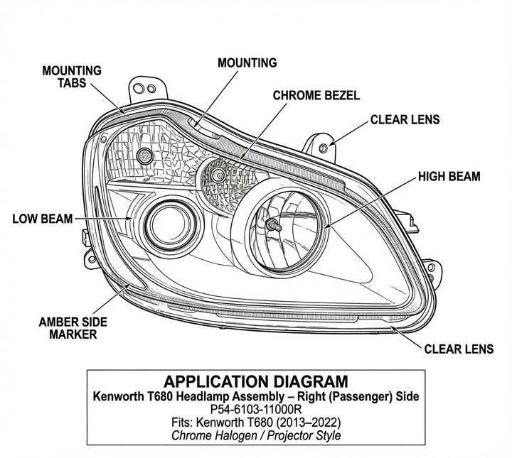 Kenworth T680 Passenger Side Headlight Assembly | Halogen Projector Headlamp (P54-6103-11000)