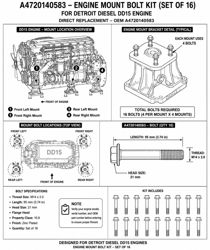 Detroit Diesel DD15 Engine Mount Bolt Kit | Heavy Duty Engine Mounting Bolts Set of 16 (A4720140583)