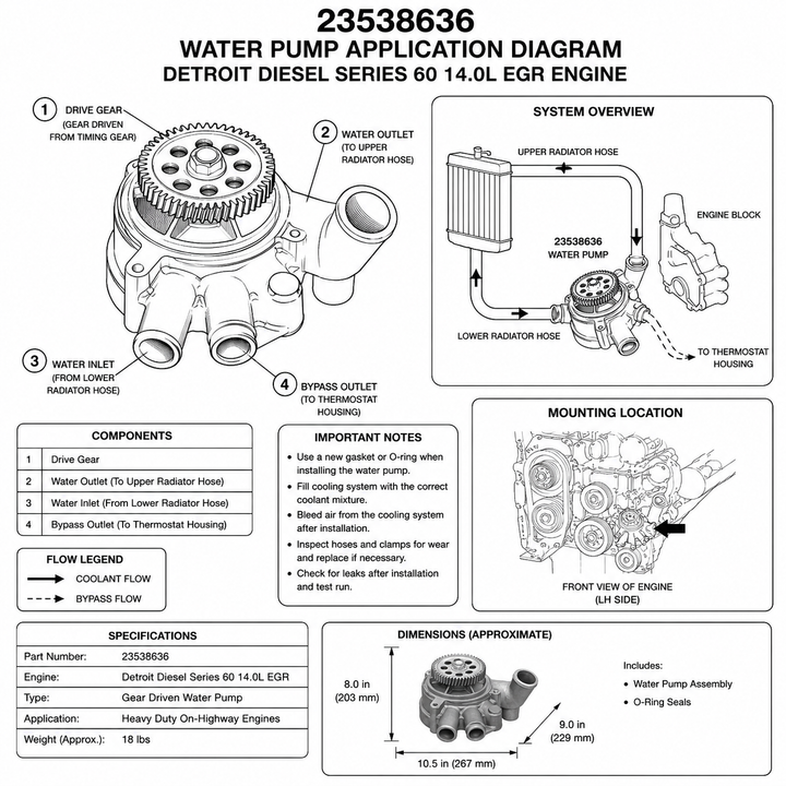 Water Pump for Detroit Diesel Series 60 14.0L EGR Engine (23538636)