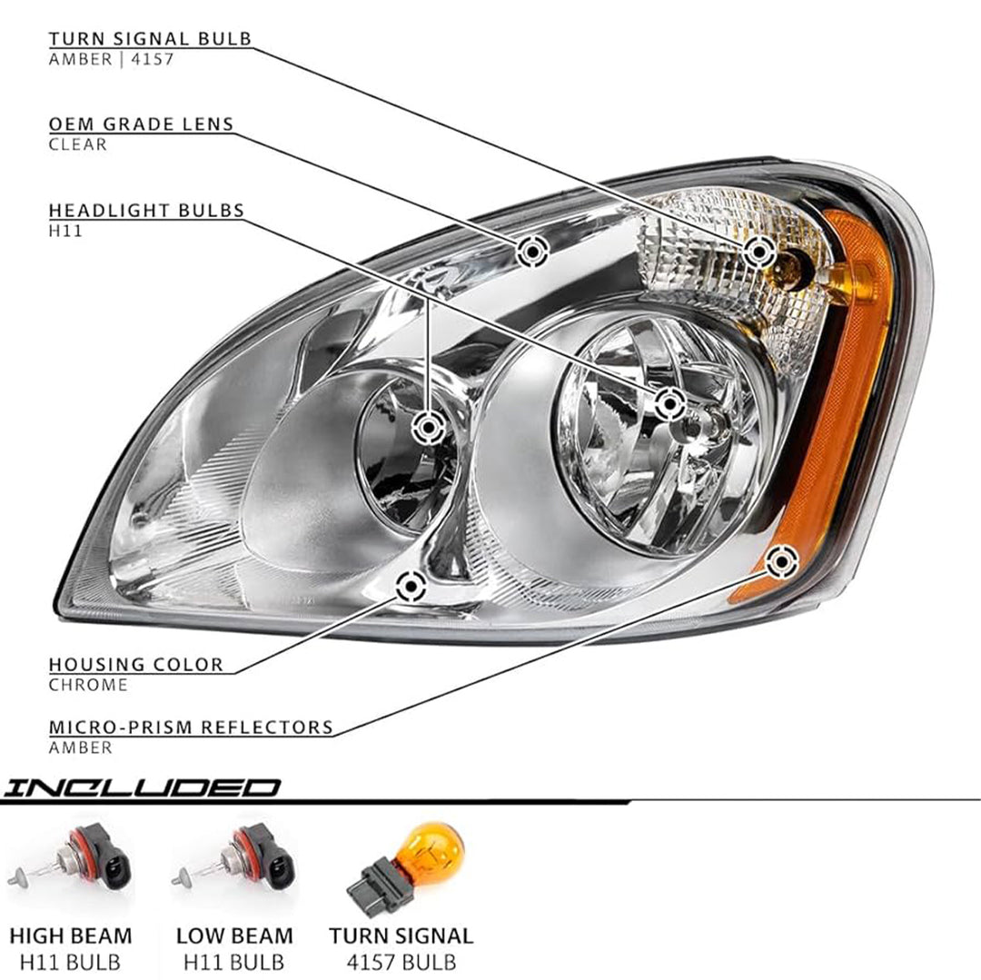 Headlamp Assembly Set W/ Optical Lens Chrome (1 RH + 1 LH)(Cascadia 08-17)(A06-51907-006, A06-51907-007)