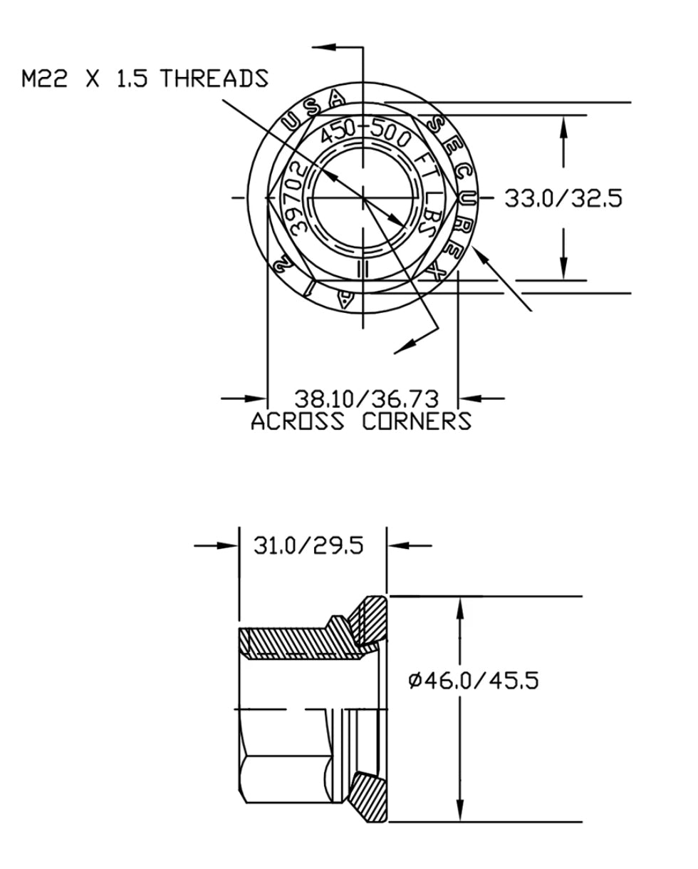 Heavy Duty Wheel Nut Securex 33mm Flangette Hex (31mm High), Flat Washer (Thread M22 X 1.5) (Set of 10)