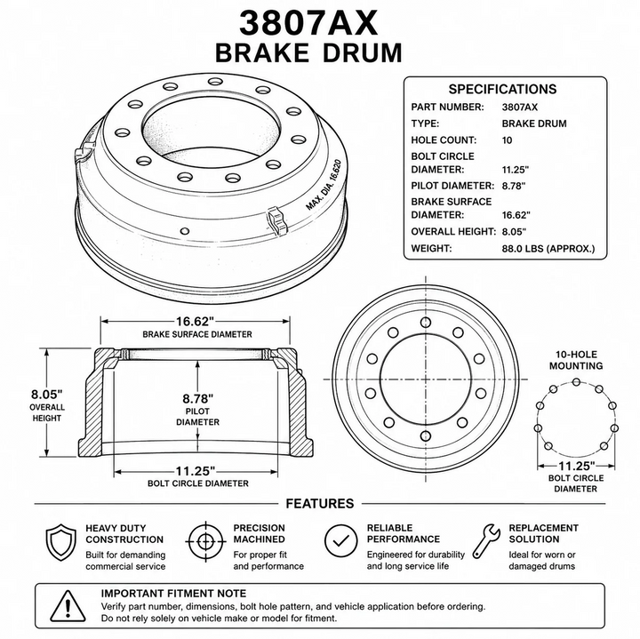 Heavy Duty Brake Drum 10-Hole Wheel End Brake Drum Commercial Truck & Trailer Application