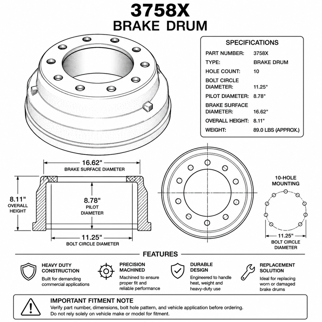 Heavy Duty Brake Drum | Commercial Truck Brake Drum Replacement | Precision Machined | 10-Hole Mounting (3758X)