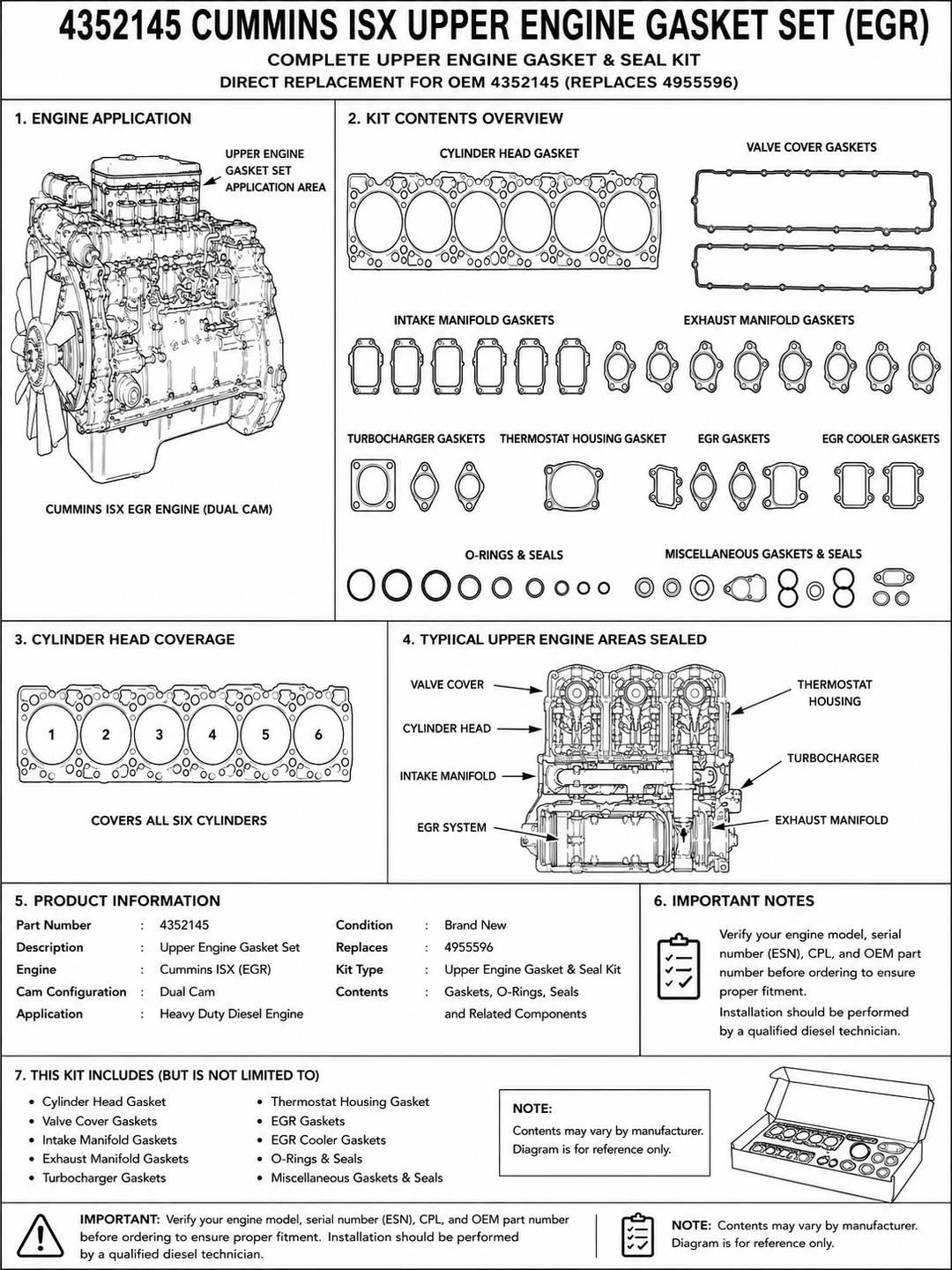Cummins ISX Upper Engine Gasket Set | EGR | Dual Cam | Heavy Duty Engine Gasket Kit (4352145)
