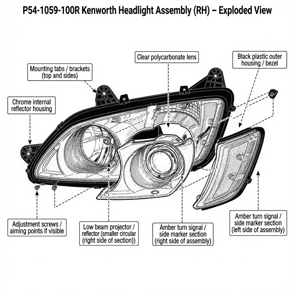 Kenworth T680 Driver Side Headlight Assembly | Left Hand Headlamp (P54-1059-100)