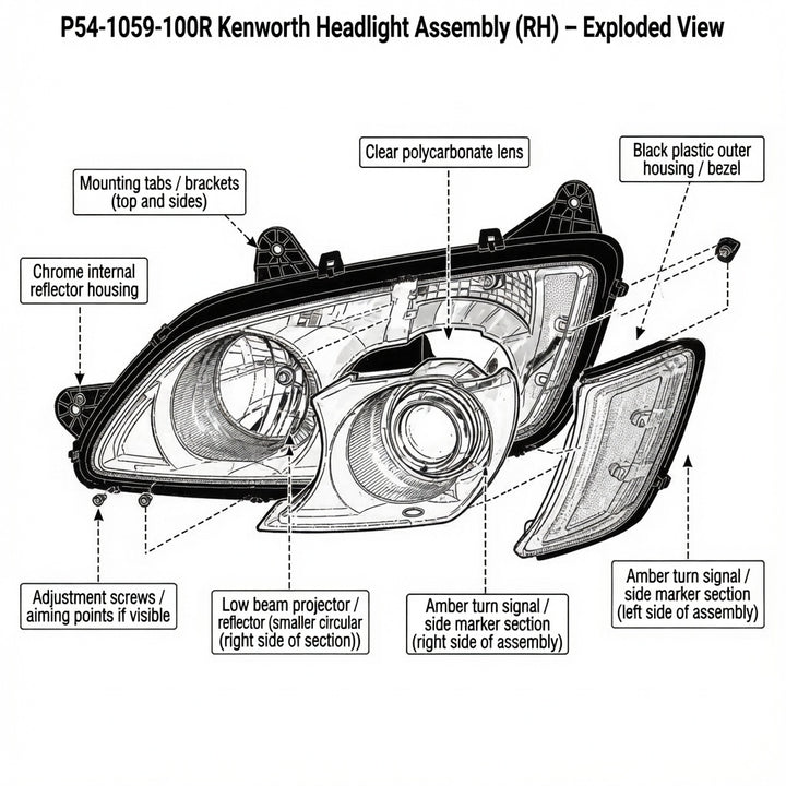 Kenworth T680 Driver Side Headlight Assembly | Left Hand Headlamp (P54-1059-100)