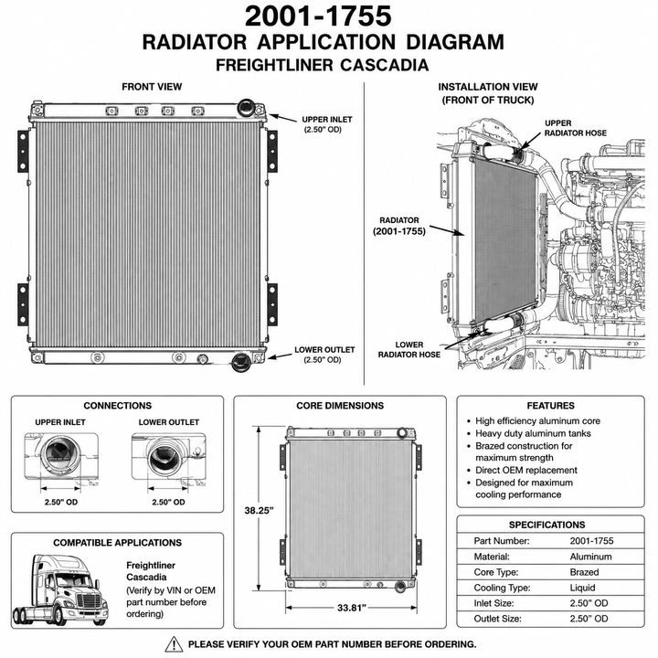 Heavy Duty Radiator for Freightliner Cascadia | Aluminum Core Engine Cooling Radiator (2001 1755)