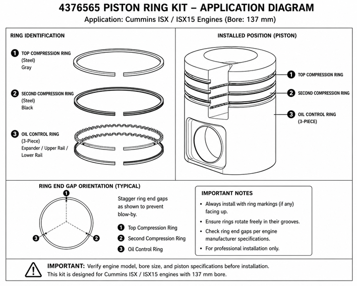 Piston Ring Set for Cummins ISX 15.0L CM2250 | EPA13 Heavy Duty Diesel Engine Replacement Piston Rings (4376565)