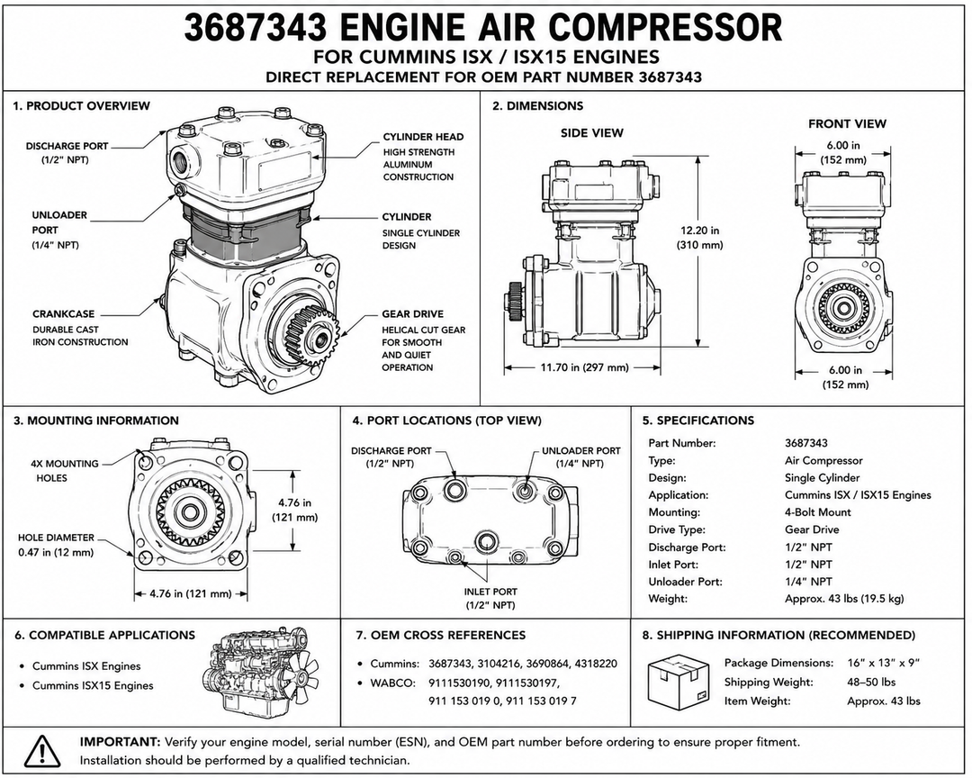 Reman Air Compressor for Cummins ISX / ISX15 | Heavy Duty Single Cylinder Air Brake Compressor (3687343)