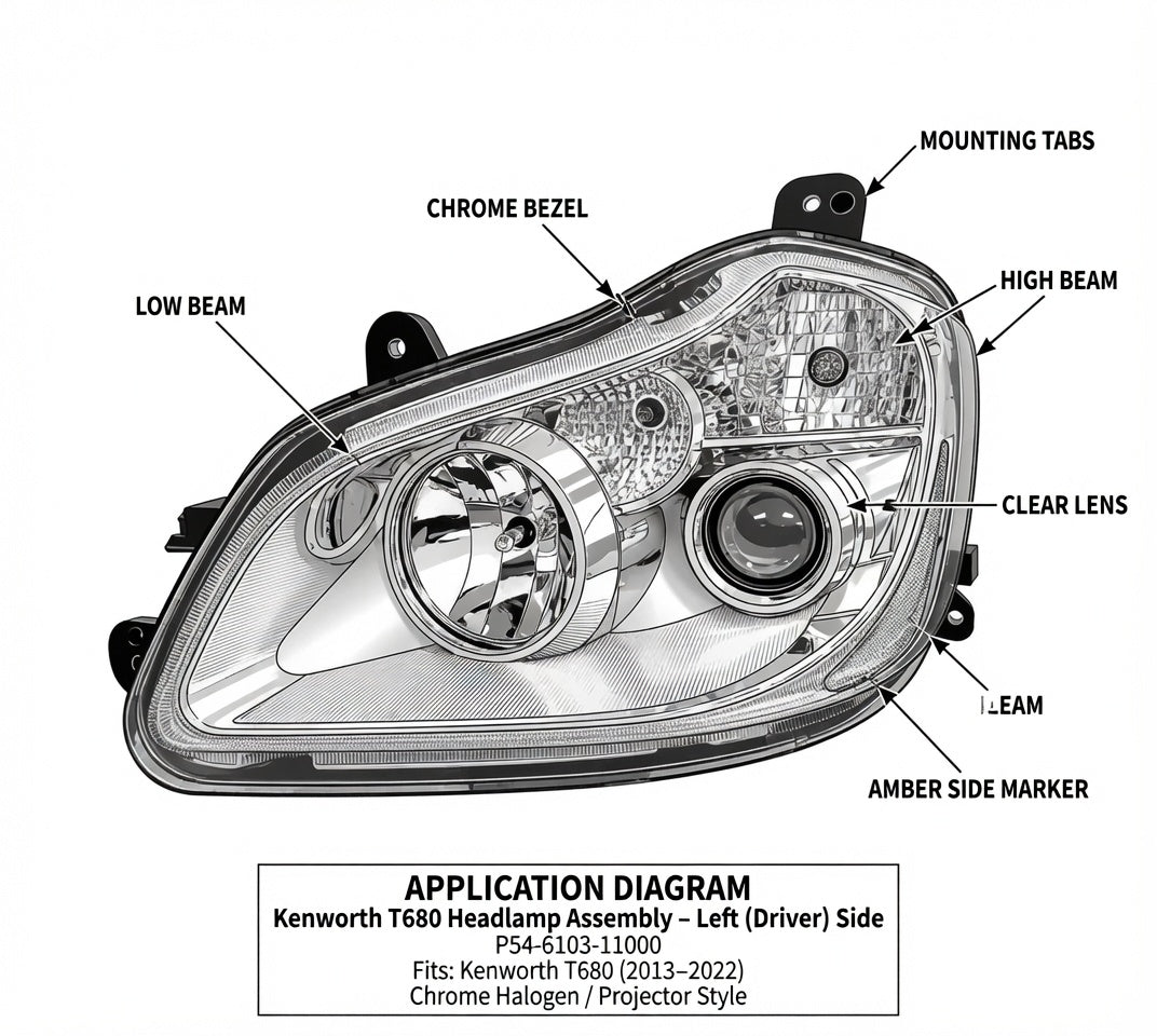 Kenworth T680 Driver Side Headlight Assembly | Halogen Projector Headlamp (P54-6103-11000)