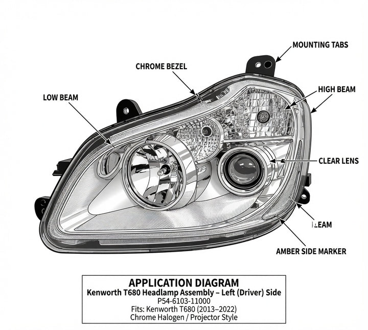 Kenworth T680 Driver Side Headlight Assembly | Halogen Projector Headlamp (P54-6103-11000)
