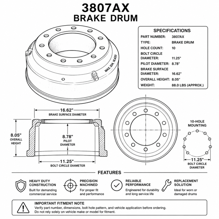 Heavy Duty Brake Drum | 10-Hole Wheel End Brake Drum | Commercial Truck & Trailer Application (3807AX)