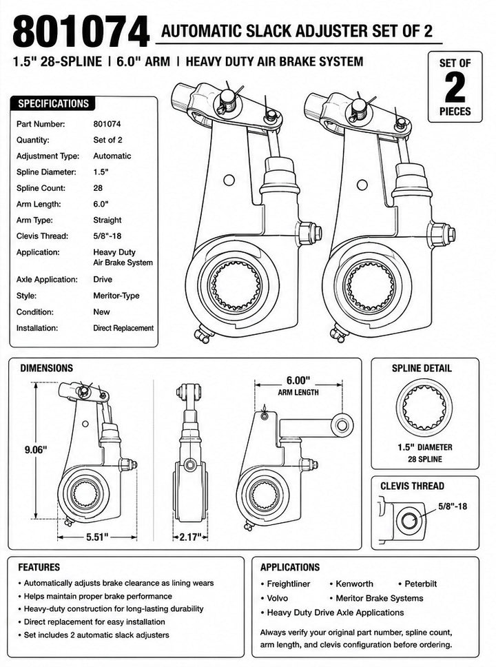Automatic Slack Adjuster Set of 2 | 1.5" 28-Spline | 6" Arm (801074)