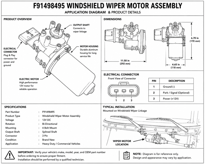 Windshield Wiper Motor | 12V Electric Windshield Wiper Motor (F91498495)