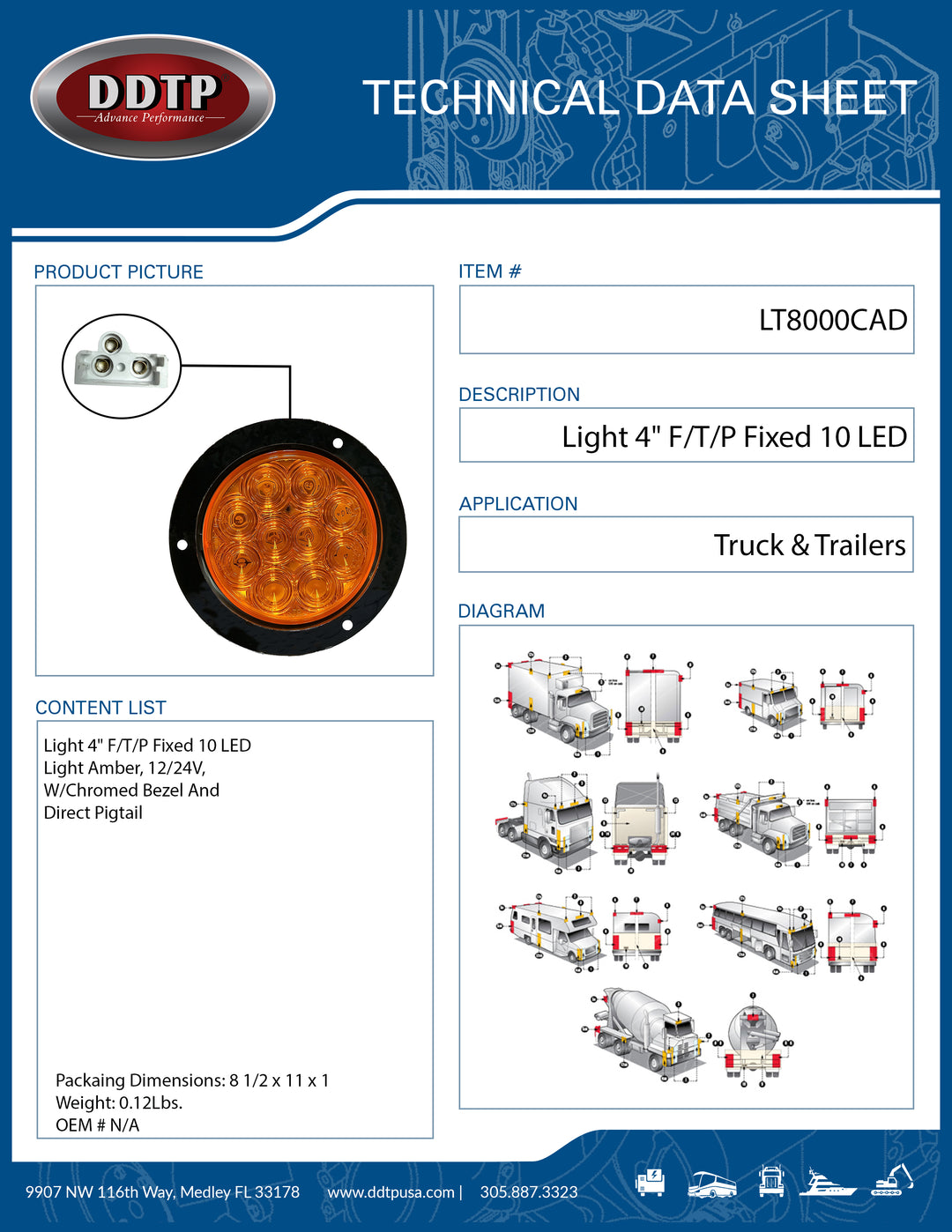 Light 4" F/T/P Fixed 10 LED Light Amber, 12/24V, W/Chromed Bezel And Direct Pigtail