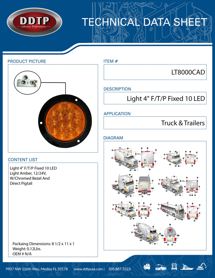 Light 4" F/T/P Fixed 10 LED Light Amber, 12/24V, W/Chromed Bezel And Direct Pigtail