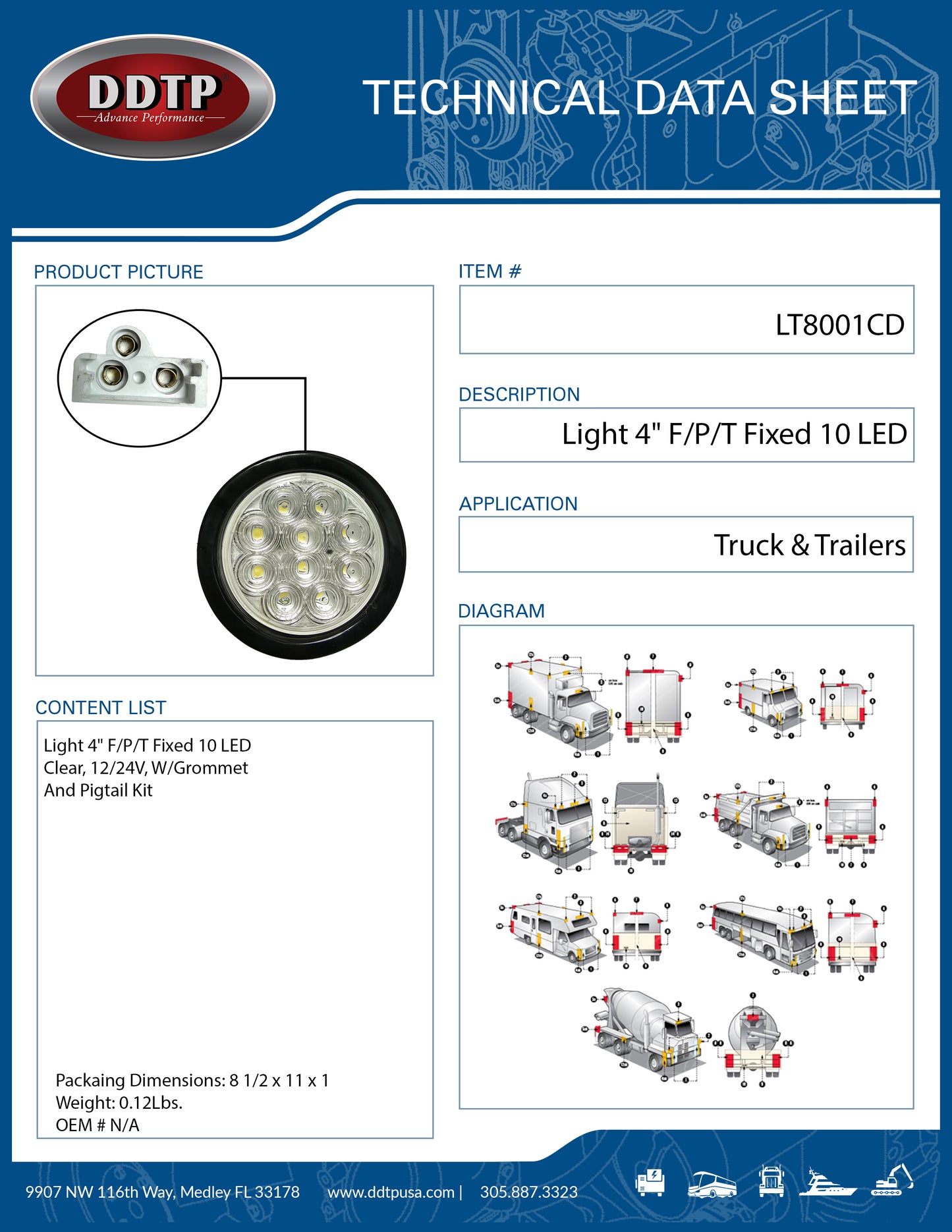 Light 4" F/P/T Fixed 10 LED Clear, 12/24V, W/Grommet And Pigtail Kit