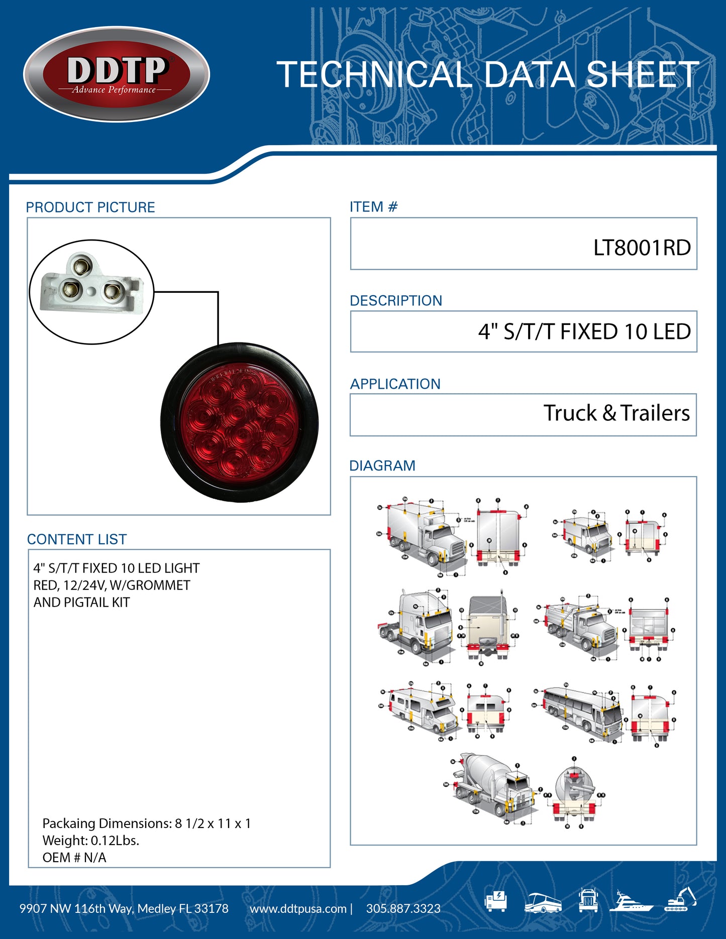 Light 4" F/P/T Fixed 10 LED Red, 12/24V, W/Grommet And Pigtail Kit