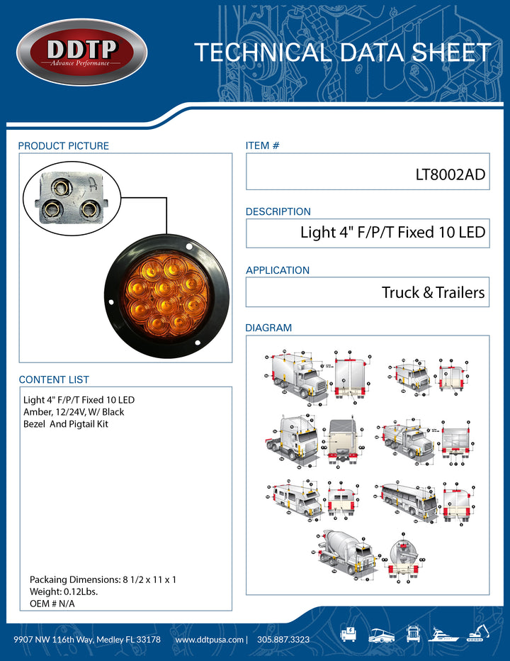 Light 4" F/P/T Fixed 10 LED Amber, 12/24V, W/ Black Bezel  And Pigtail Kit
