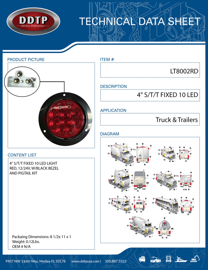 Light 4" F/P/T Fixed 10 LED Red, 12/24V, W/ Black Bezel  And Pigtail Kit